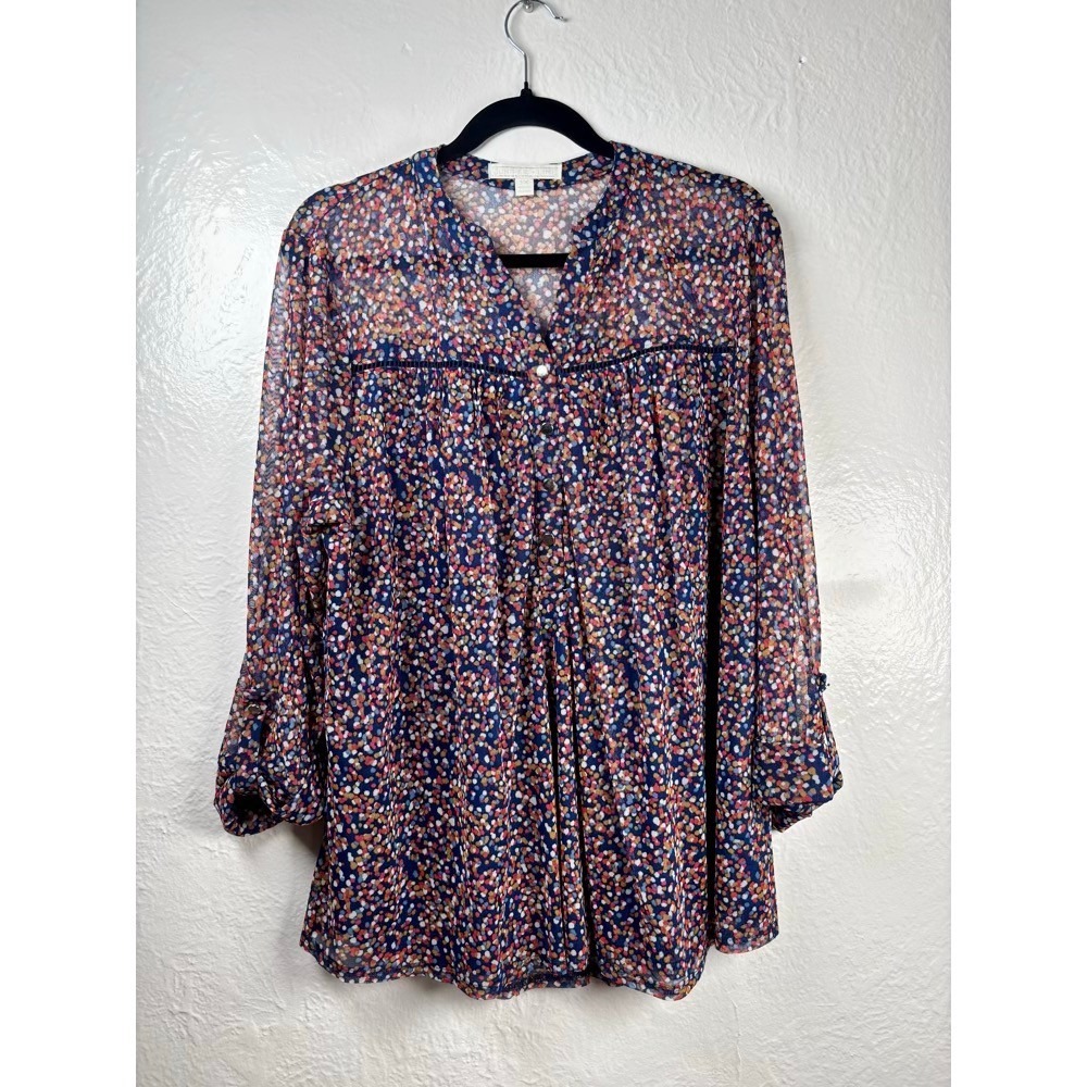 Juniper + Lime Blouse Womens 1X Multicolored Dots Mesh Roll Tab Artsy Career